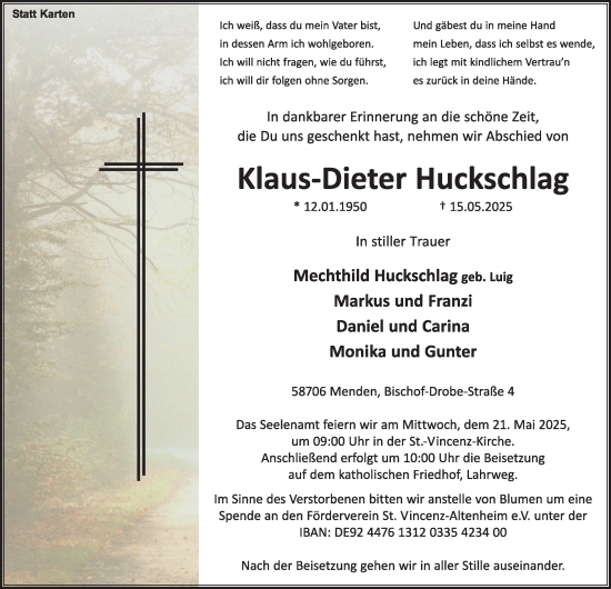 Traueranzeige von Klaus-Dieter Huckschlag von Tageszeitung