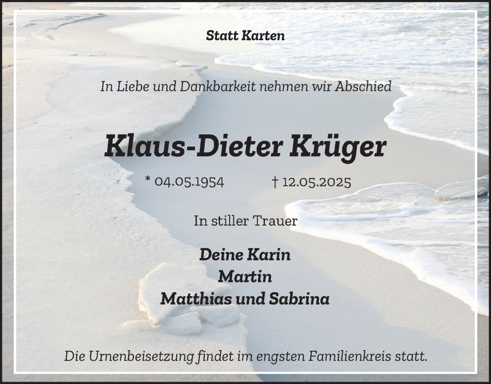  Traueranzeige für Klaus-Dieter Krüger vom 31.05.2025 aus Tageszeitung