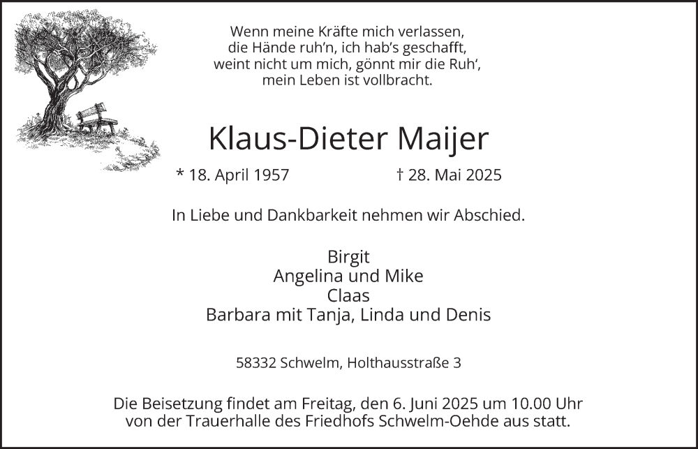  Traueranzeige für Klaus-Dieter Maijer vom 31.05.2025 aus Tageszeitung