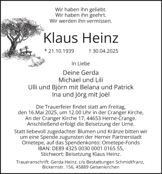 Traueranzeige von Klaus Heinz von Tageszeitung