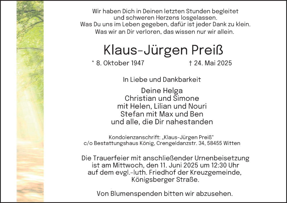  Traueranzeige für Klaus-Jürgen Preiß vom 31.05.2025 aus Tageszeitung