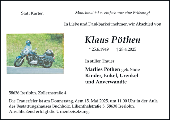 Traueranzeige von Klaus Pöthen von Tageszeitung