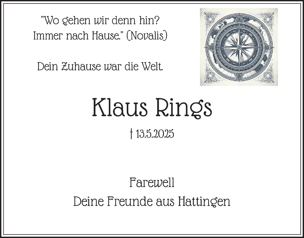  Traueranzeige für Klaus Rings vom 24.05.2025 aus Tageszeitung