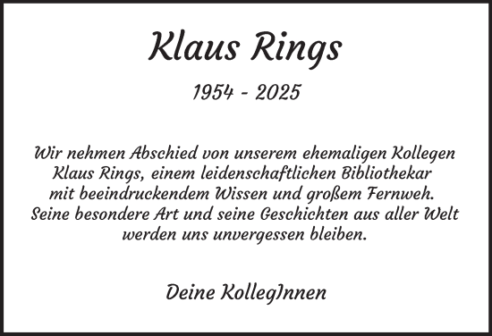 Traueranzeige von Klaus Rings von Tageszeitung