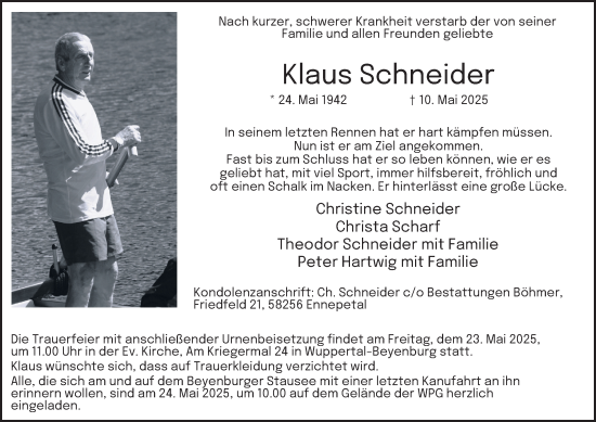 Traueranzeige von Klaus Schneider von Tageszeitung