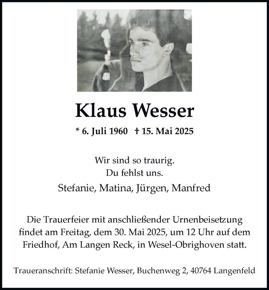  Traueranzeige für Klaus Wesser vom 28.05.2025 aus Tageszeitung