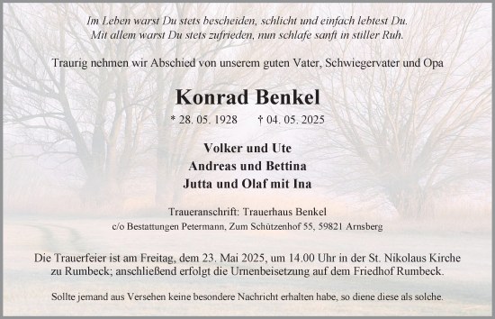 Traueranzeige von Konrad Benkel von Tageszeitung