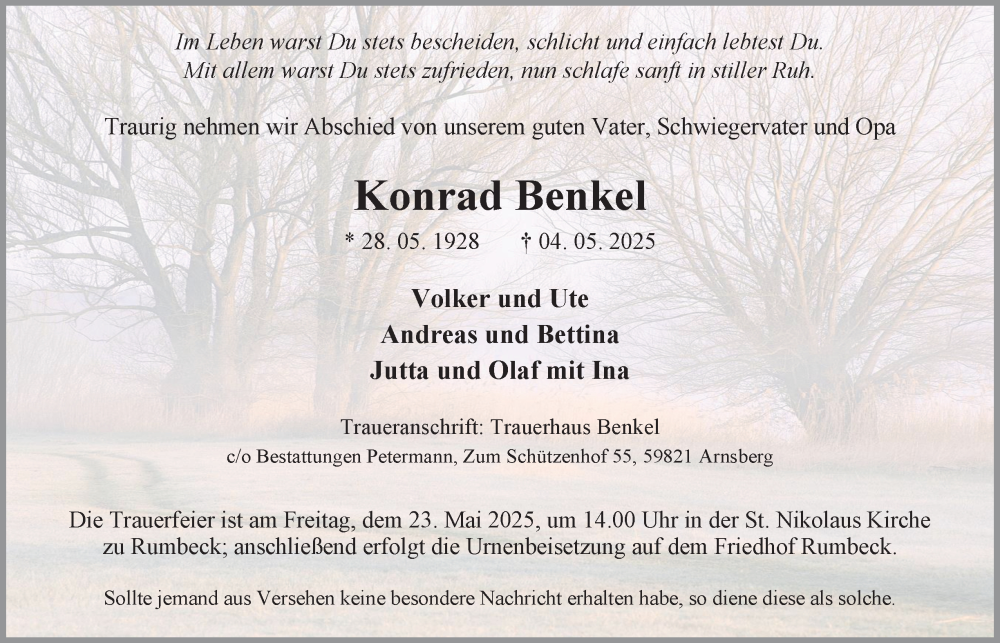  Traueranzeige für Konrad Benkel vom 17.05.2025 aus Tageszeitung