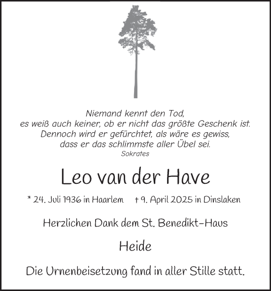 Traueranzeige von Leo van der Have von Tageszeitung