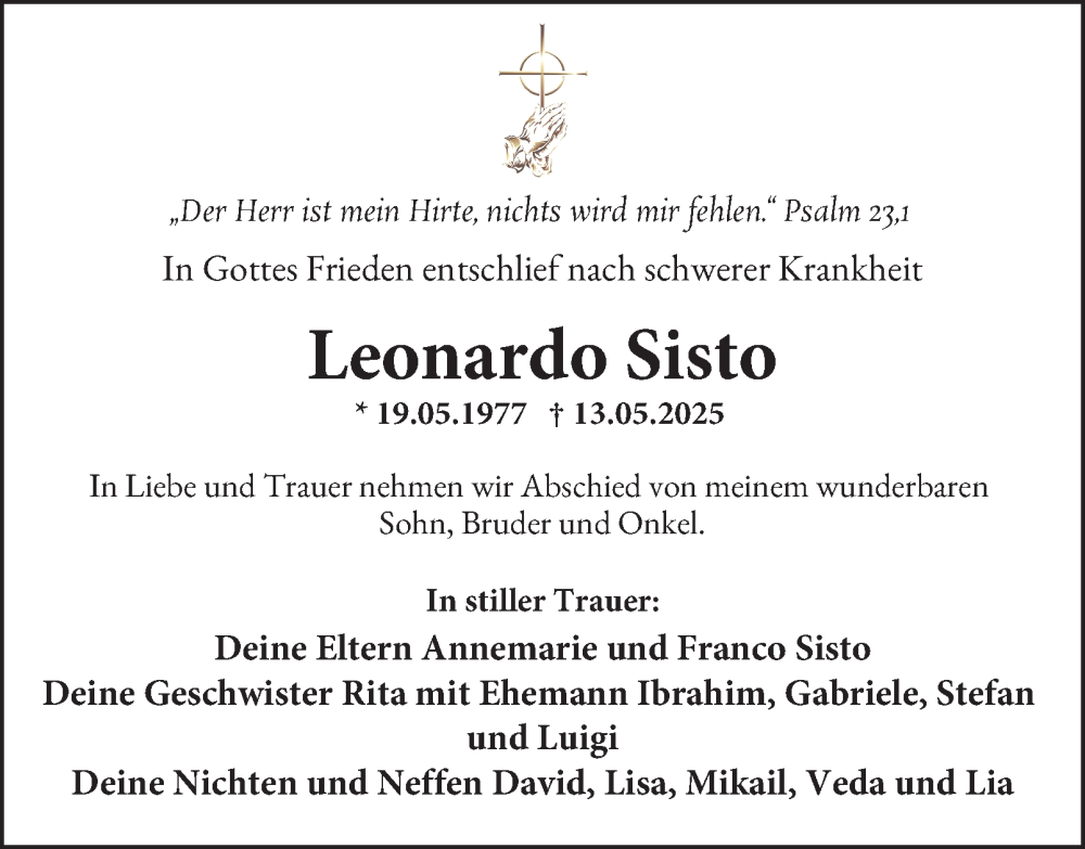  Traueranzeige für Leonardo Sisto vom 24.05.2025 aus Tageszeitung