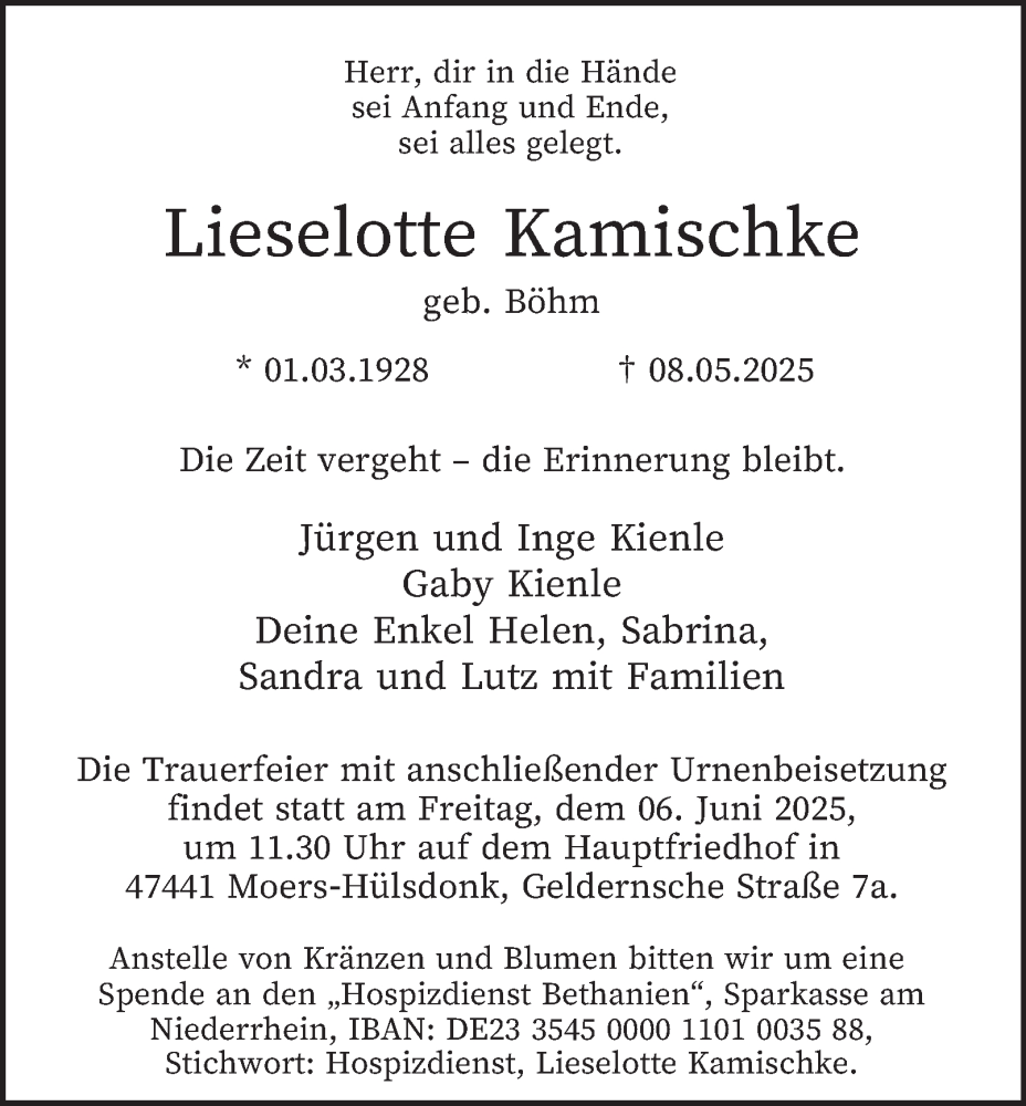  Traueranzeige für Lieselotte Kamischke vom 31.05.2025 aus Tageszeitung