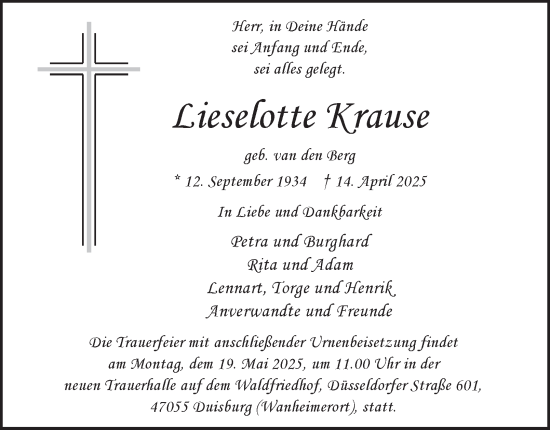 Traueranzeige von Lieselotte Krause von Tageszeitung