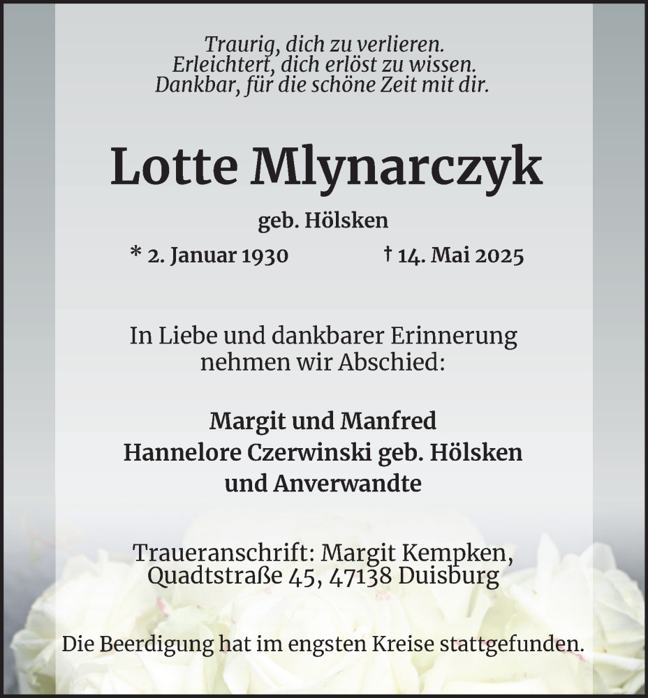  Traueranzeige für Lotte Mlynarczyk vom 24.05.2025 aus Tageszeitung
