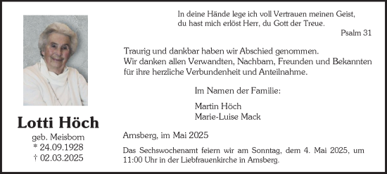Traueranzeige von Lotti Höch von Tageszeitung