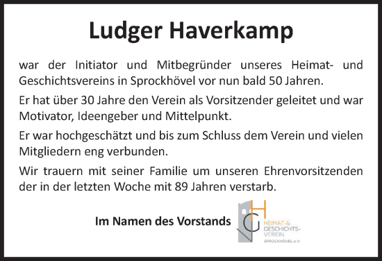 Traueranzeige von Ludger Haverkamp von Tageszeitung