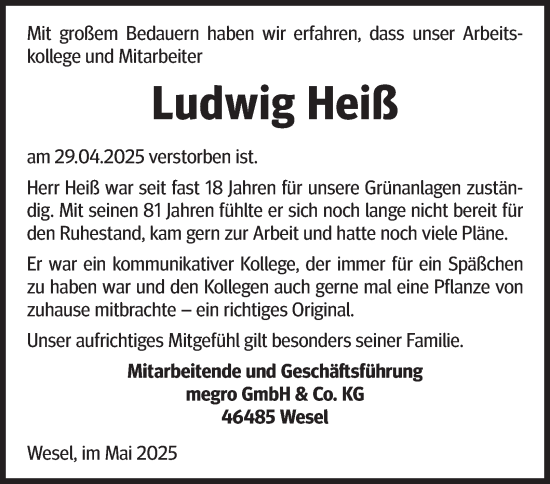 Traueranzeige von Ludwig Heiß von Tageszeitung