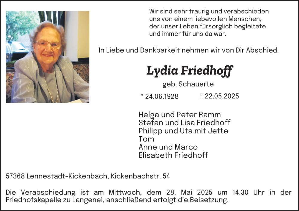  Traueranzeige für Lydia Friedhoff vom 28.05.2025 aus Tageszeitung