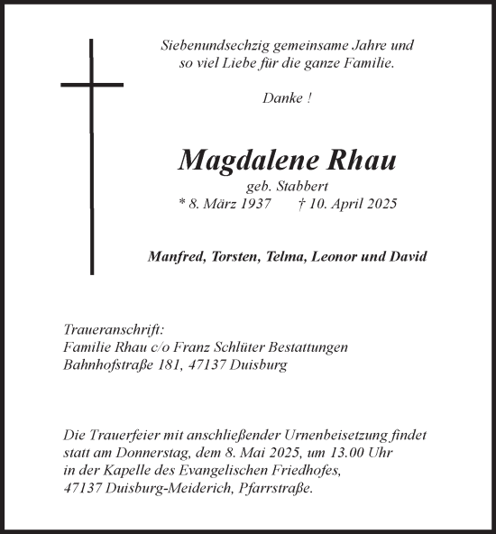 Traueranzeige von Magdalene Rhau von Tageszeitung