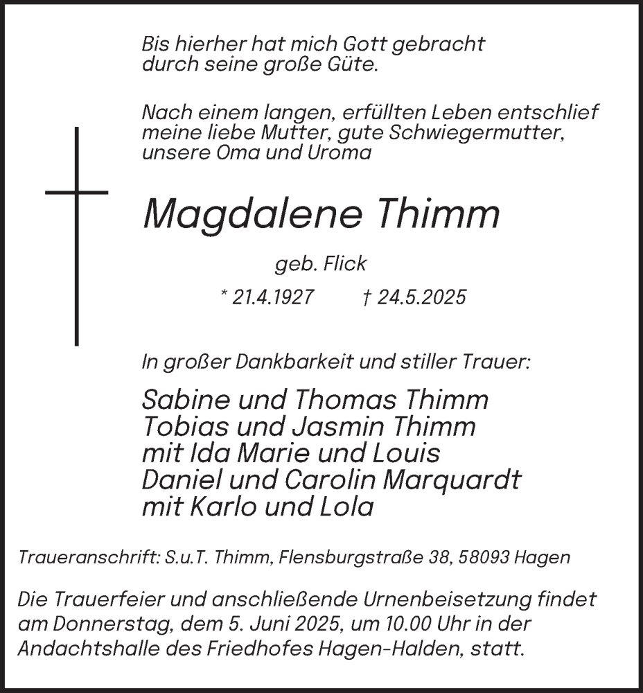  Traueranzeige für Magdalene Thimm vom 31.05.2025 aus Tageszeitung