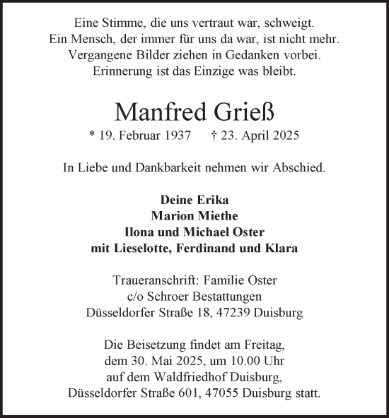 Traueranzeige von Manfred Grieß von Tageszeitung