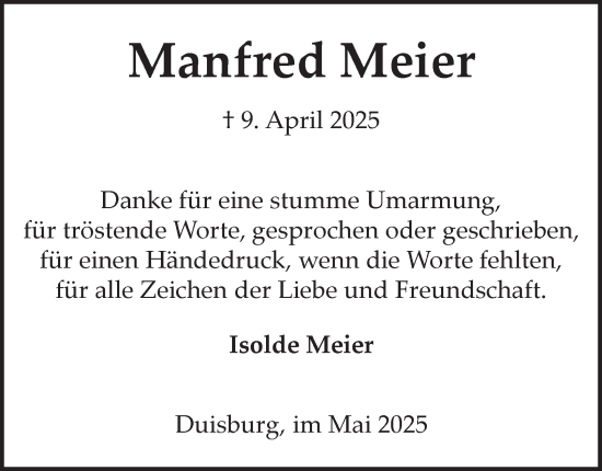 Traueranzeige von Manfred Meier von Tageszeitung