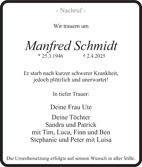 Traueranzeige von Manfred Schmidt von Tageszeitung