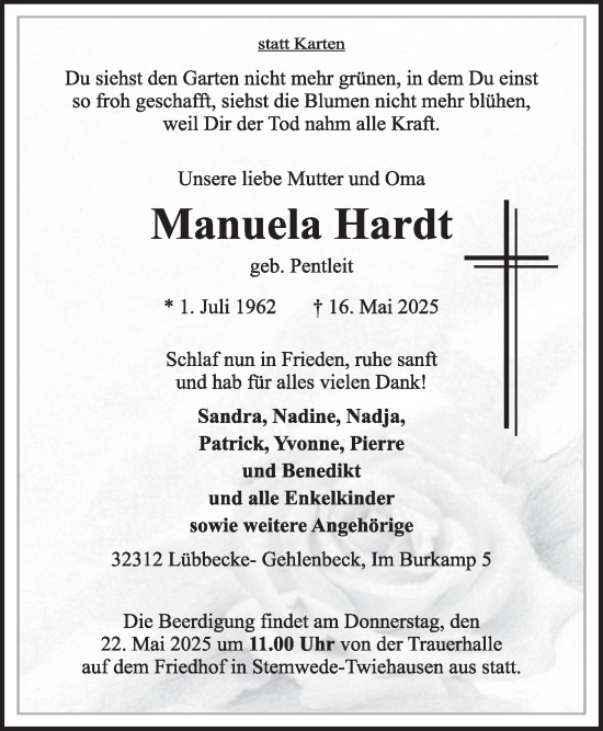 Traueranzeige von Manuela Hardt von Tageszeitung