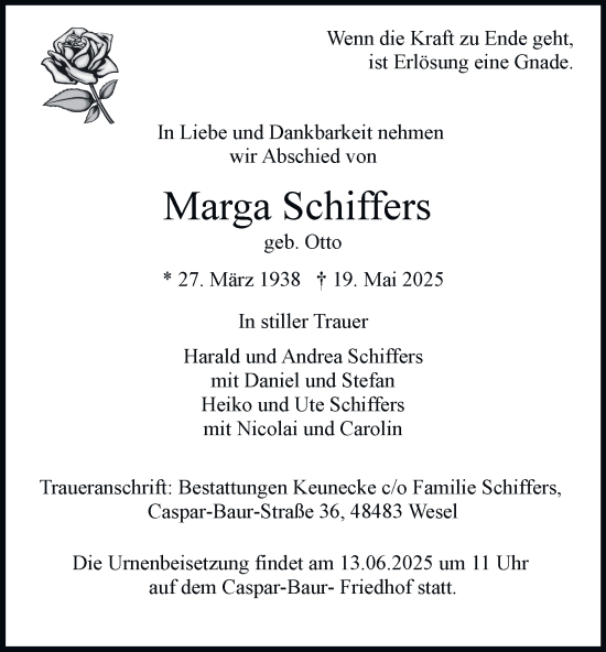 Traueranzeige von Marga Schiffers von Tageszeitung