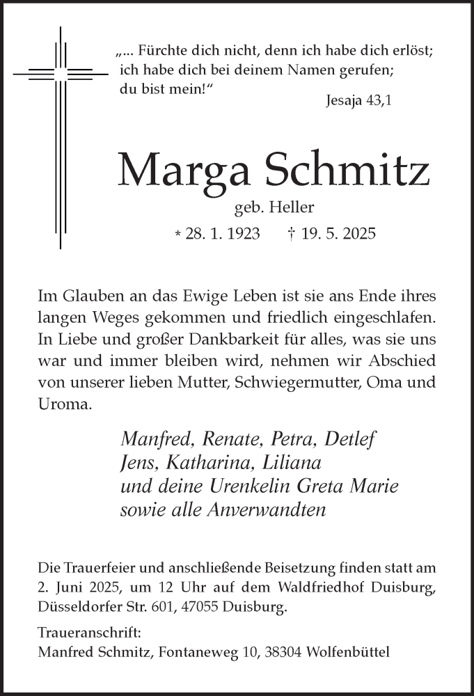  Traueranzeige für Marga Schmitz vom 31.05.2025 aus Tageszeitung