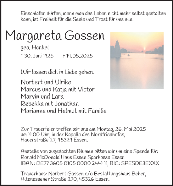 Traueranzeige von Margareta Gossen von Tageszeitung
