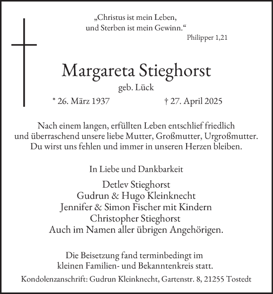 Traueranzeige von Margareta Stieghorst von Tageszeitung
