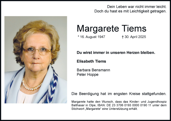 Traueranzeige von Margarete Tiems von Tageszeitung