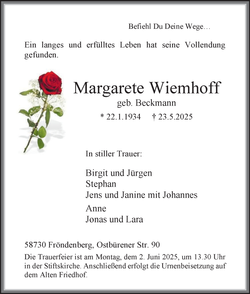  Traueranzeige für Margarete Wiemhoff vom 31.05.2025 aus Tageszeitung