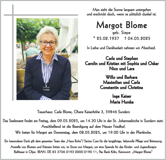 Traueranzeige von Margot Blome von Tageszeitung