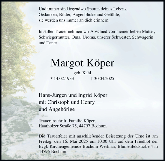 Traueranzeige von Margot Köper von Tageszeitung