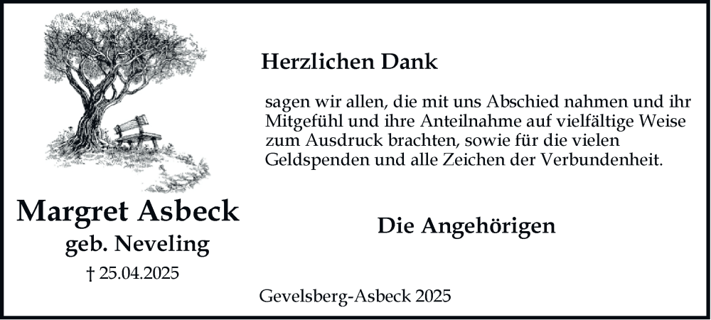  Traueranzeige für Margret Asbeck vom 24.05.2025 aus Tageszeitung