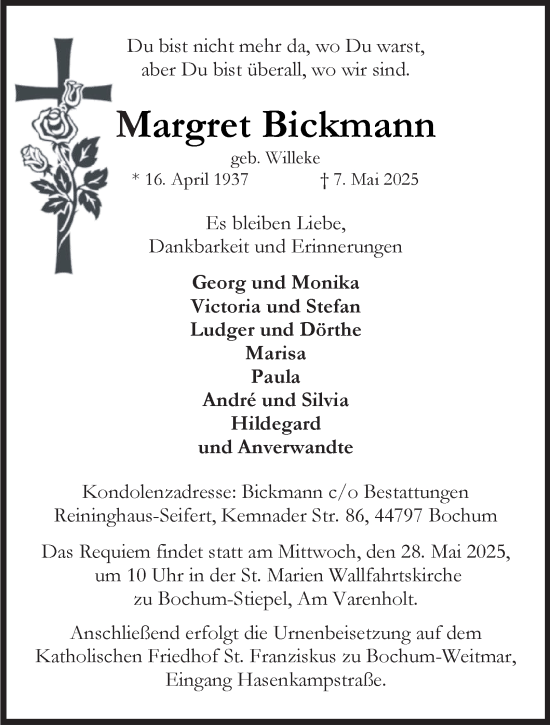 Traueranzeige von Margret Bickmann von Tageszeitung