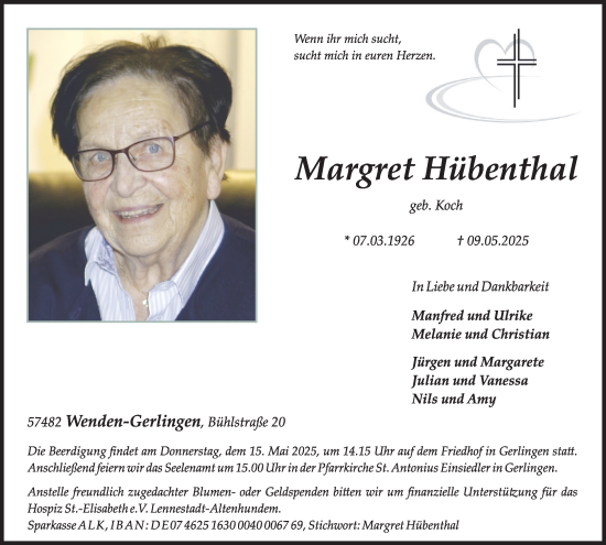 Traueranzeige von Margret Hübenthal von Tageszeitung