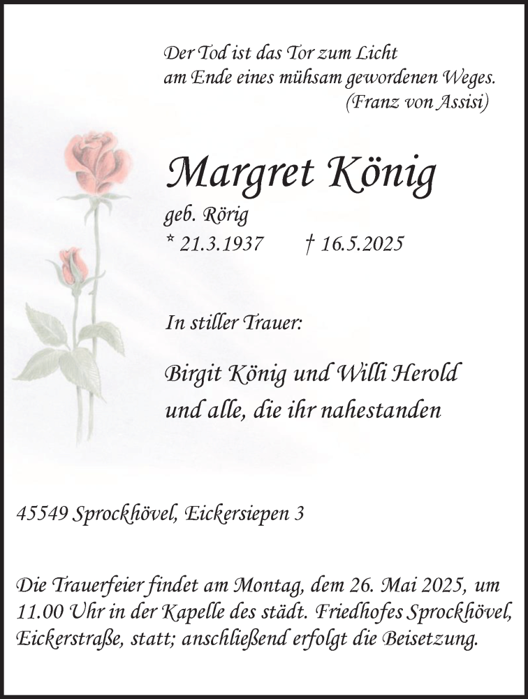  Traueranzeige für Margret König vom 24.05.2025 aus Tageszeitung
