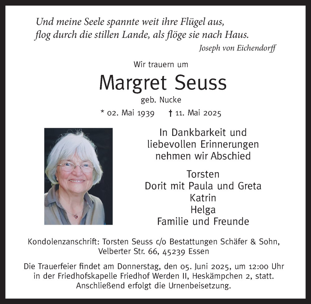  Traueranzeige für Margret Seuss vom 23.05.2025 aus Tageszeitung