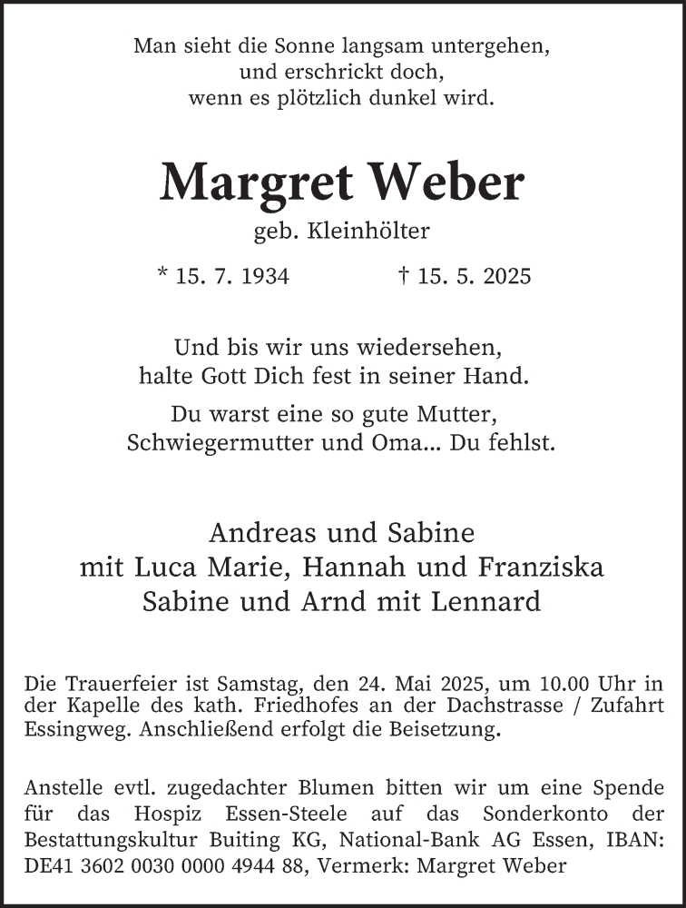  Traueranzeige für Margret Weber vom 24.05.2025 aus Tageszeitung
