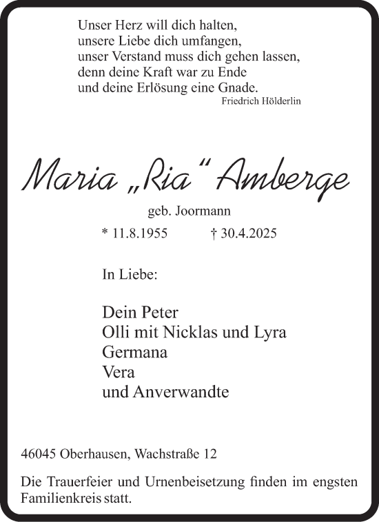 Traueranzeige von Maria Amberge von Tageszeitung