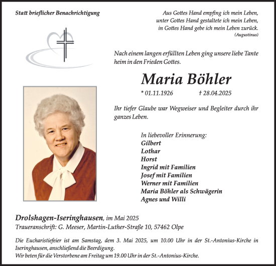 Traueranzeige von Maria Böhler von Tageszeitung