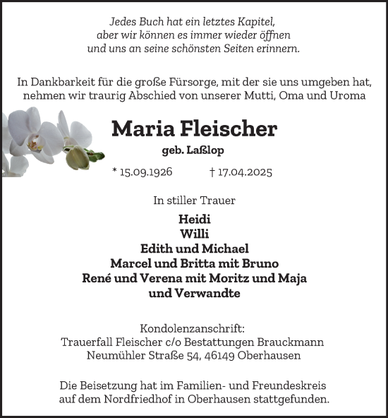 Traueranzeige von Maria Fleischer von Tageszeitung