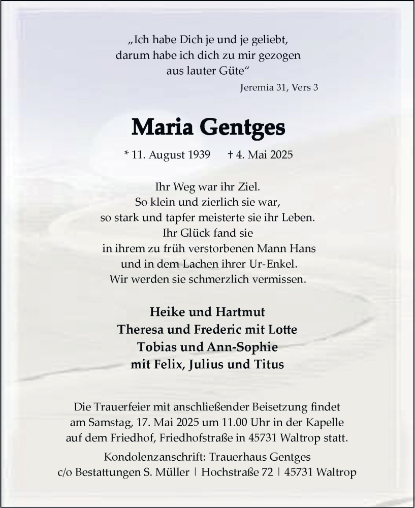  Traueranzeige für Maria Gentges vom 10.05.2025 aus Tageszeitung