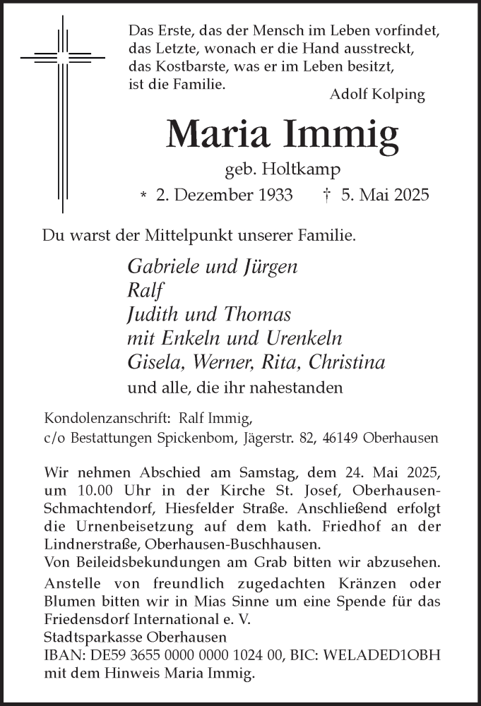  Traueranzeige für Maria Immig vom 17.05.2025 aus Tageszeitung