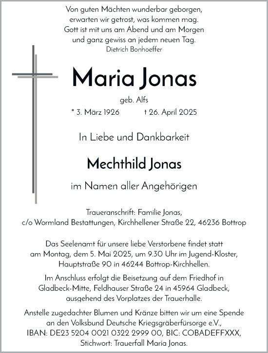 Traueranzeige von Maria Jonas von Tageszeitung