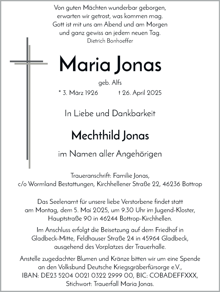  Traueranzeige für Maria Jonas vom 03.05.2025 aus Tageszeitung