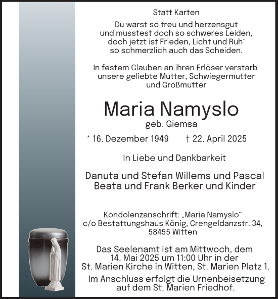Traueranzeige von Maria Namyslo von Tageszeitung