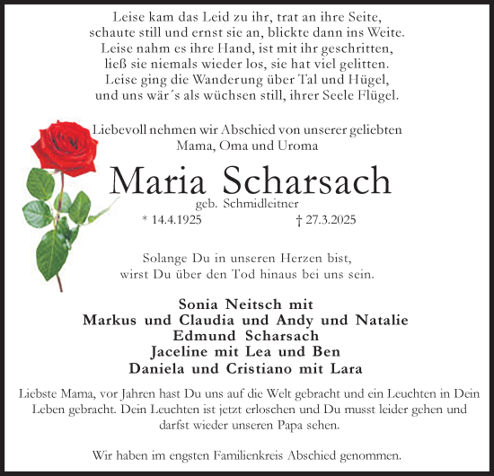 Traueranzeige von Maria Scharsach von Tageszeitung